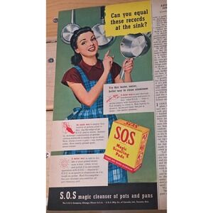Vintage 1946 S.O.S. Magic Scouring Pads Print Ad Retro Kitchen Decor 1940s Art